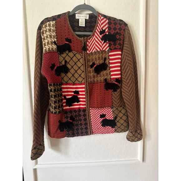 Susan Bristol Scottie Dog Cardigan M Patchwork Sweater 2001 Hand Embroidered - Picture 1 of 7